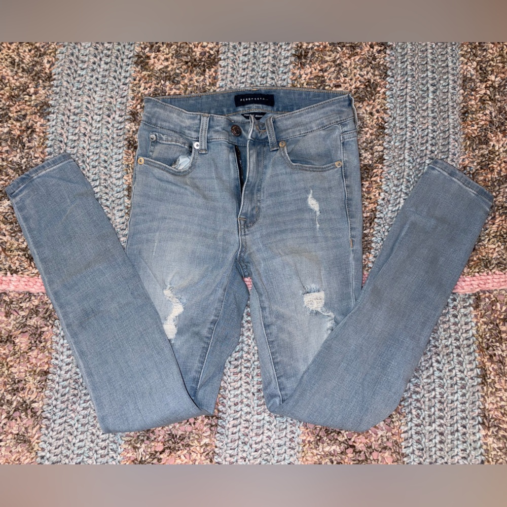Distressed Light Blue Aeropostale High Rise Jegging Skinny Jeans